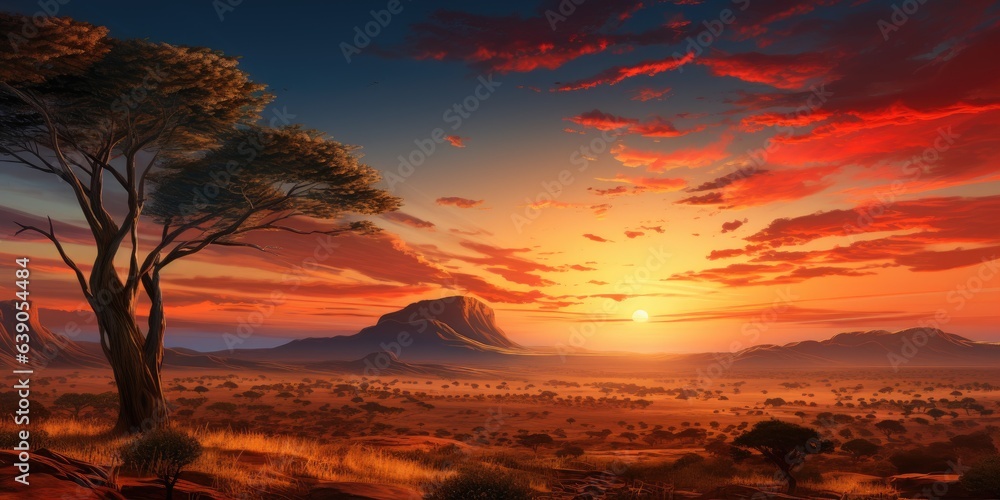 Beautiful sunset in Africa with a dead tree and bright colors. Generative AI