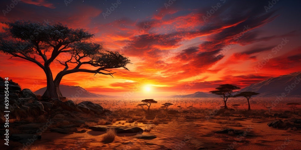 Beautiful sunset in Africa with a dead tree and bright colors. Generative AI