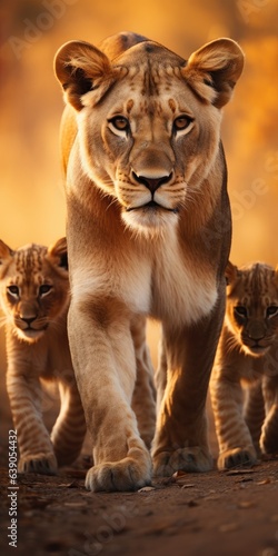 Lioness and cubs in wild and natural habitat. Generative AI