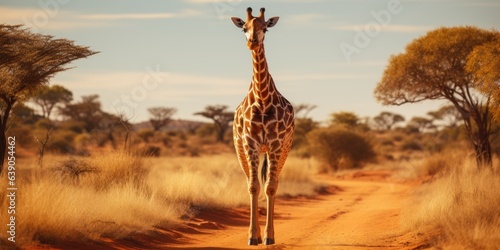 One giraffe walks the savanna between plants, wildlife. Generative AI