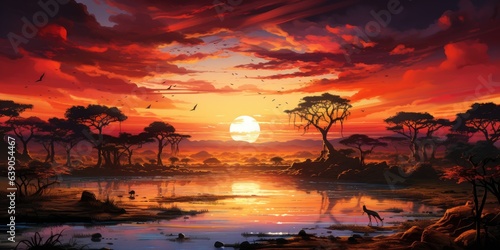 Incredible beautiful sunset in the savannah, wildlife plants. Generative AI