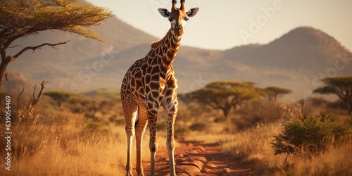 One giraffe walks the savanna between plants  wildlife. Generative AI