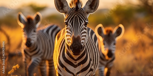 Horizontal photo of zebras in africa against sunset background. Generative AI © 22_monkeyzzz