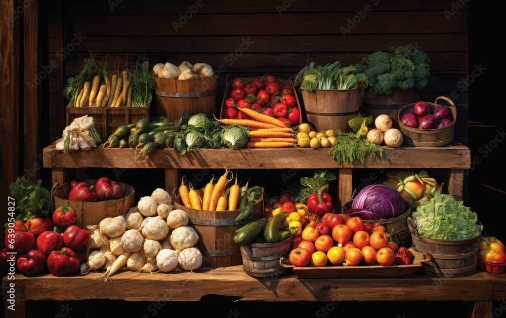 Organic vegetables and fruits are displayed on a wooden shelf on a market