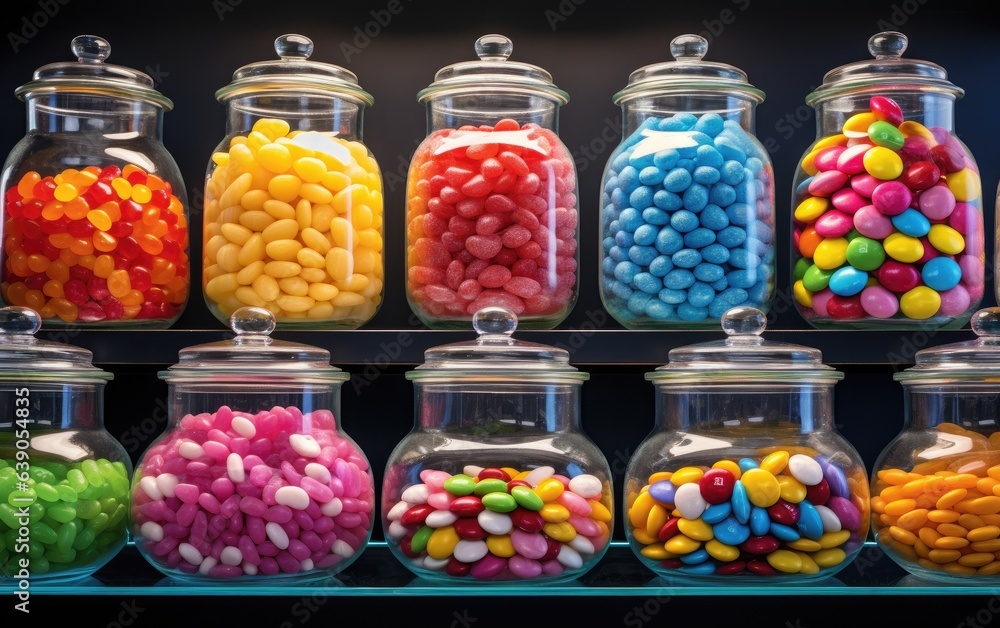 Various colorful candies in jars displayed on a shelf