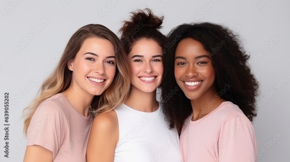 Portrait of three young multiracial women standing together and smiling at camera isolated over white background Portrait of three young multiracial women standing together and smiling at camera isolated over white background