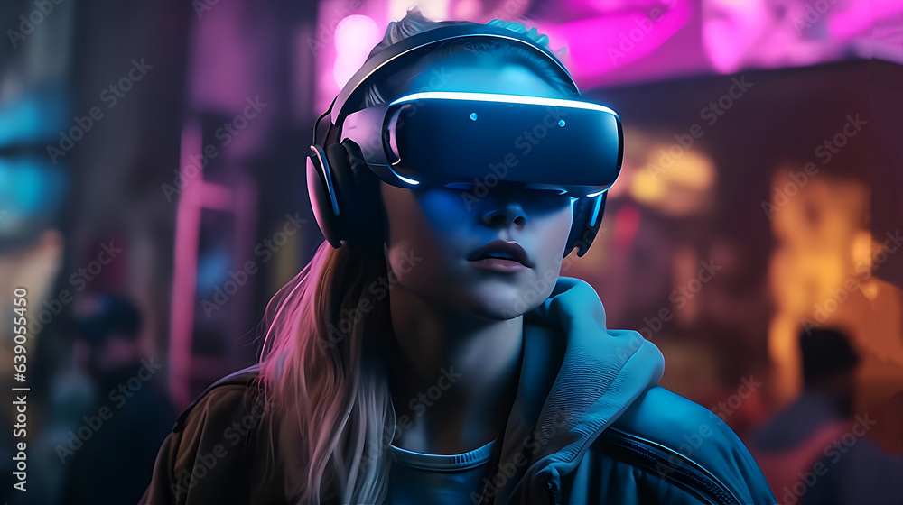 Illustration of a woman with VR headset exploring the metaverse. Artwork Illustration of a woman with VR headset exploring the metaverse. Artwork