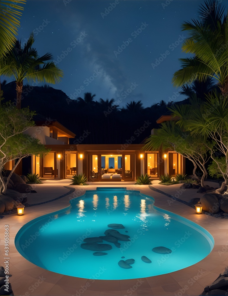 Photo of a stunning swimming pool oasis at night with palm trees