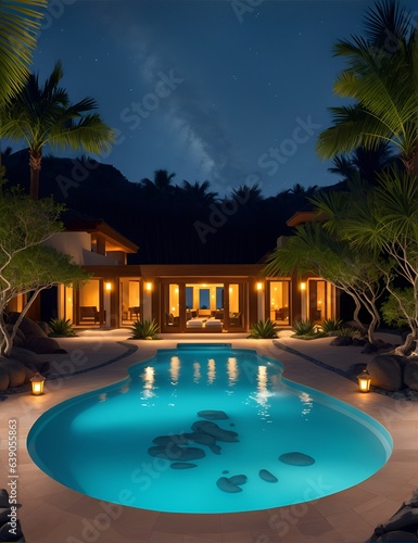 Photo of a stunning swimming pool oasis at night with palm trees
