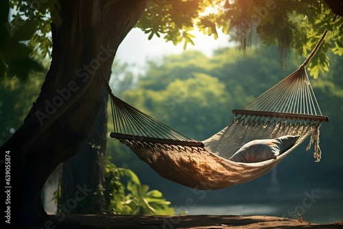 Eine Hängematte zwischen zwei Bäumen in einem wunderschönen Garten.