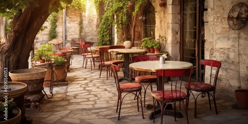 Empty outdoors restaurant or café with table and chairs in Provencal style. © Coosh448