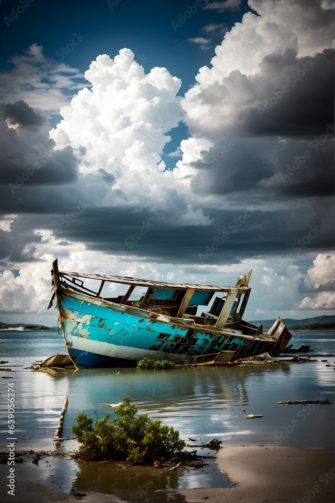 Photo of a boat on a beach under a cloudy sky Photo of a boat on a beach under a cloudy sky