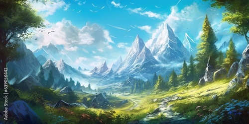 Fantasy anime landscape illustration with mountains and sky, a path in the forest © Coosh448