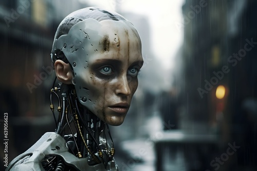 Ein menschenähnlicher Roboter in der Stadt.