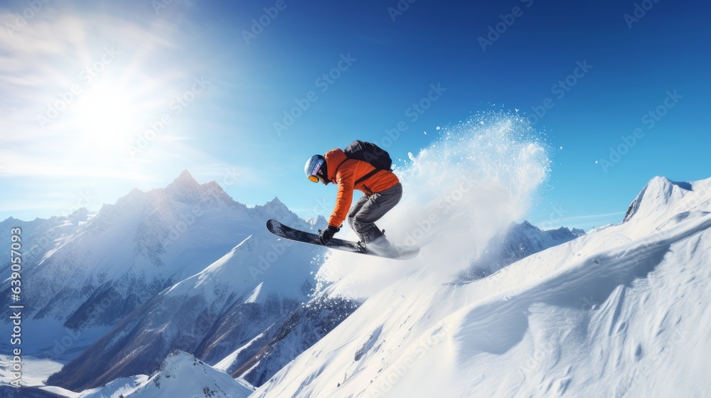 Snowboarder at jump inhigh mountains at sunny day