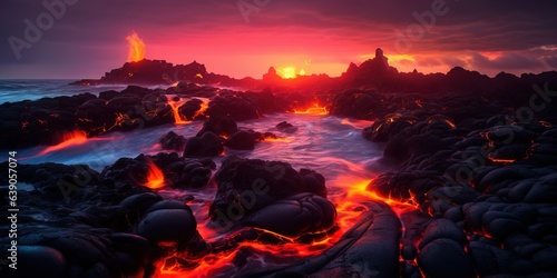 Fresh lava on rocks at scenic twilight