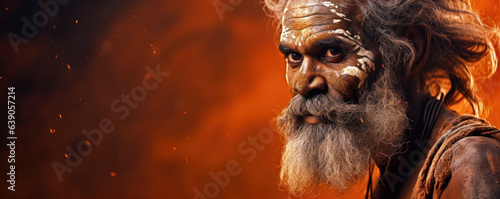 Australian Aboriginal Man in Traditional Paint on a Desert Orange Background with Space for Copy.