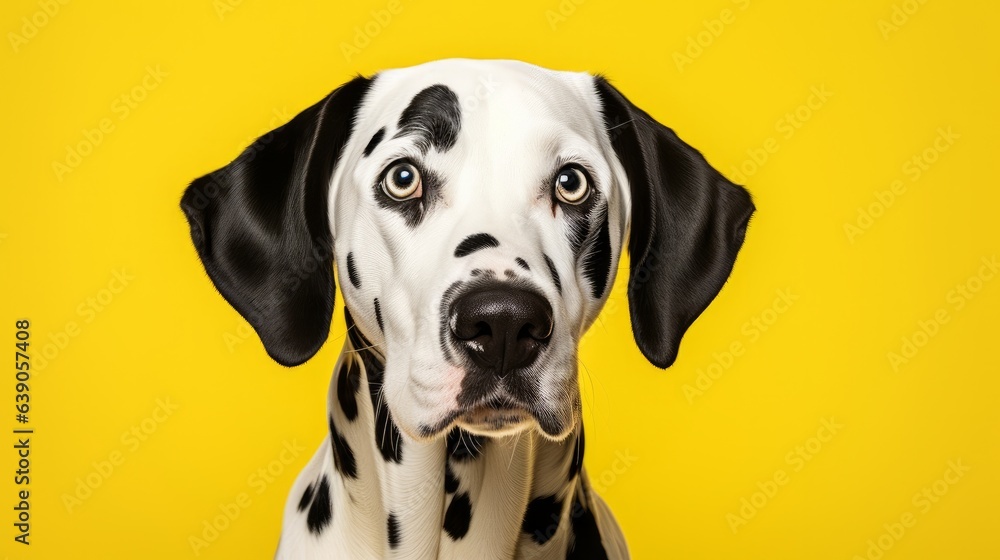 Studio headshot portrait of Dalmatian dog looking forward against a yellow background