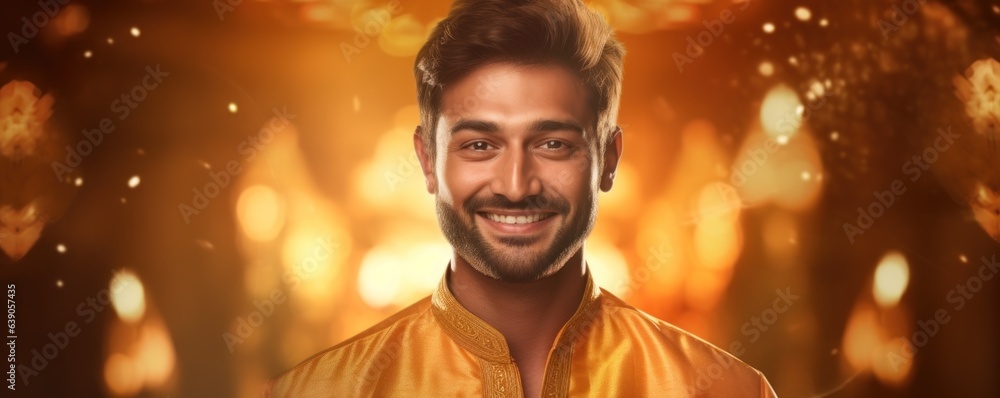 Indian Man in a Kurta Pajama on a Diwali Gold Background with Space for Copy.