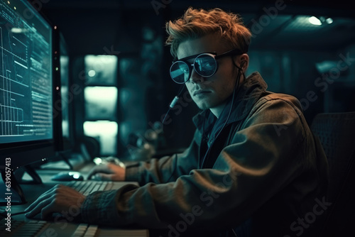 The photo depicts a computer scientist working with a modern computer, surrounded by various technological tools and gadgets, including a keyboard, a mouse, a monitor, and headphones. Generative AI.