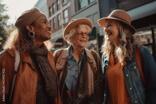 Senior three different race women like African American, Hispanic, Asian laughing at each other happy walking together on the city street, elderly people happy life concept. Generative AI. © Sebastian
