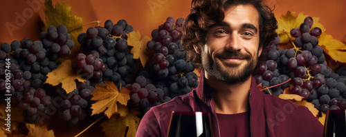 Italian Man in Stylish Autumn Clothes Holding Grapes on a Wine Orange Background with Space for Copy.