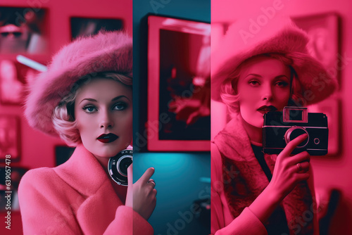 A woman captures memories with a retro camera, illuminated by pink light. Her thoughtful expression hints at the importance of the moment. Generative AI, AI.