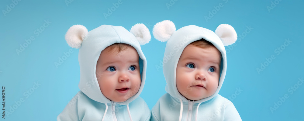 Adorable Twins in Matching Outfits on a Baby Blue Background with Space for Copy. Adorable Twins in Matching Outfits on a Baby Blue Background with Space for Copy.