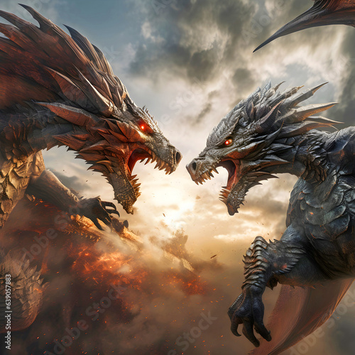 Dragons fighting in the sky. AI generated.