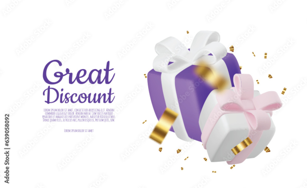 Banner online shopping with 3d realistic gift isolated on white background. Vector illustration