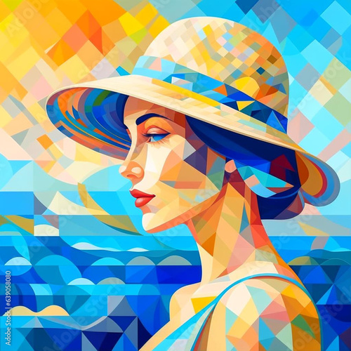 Abstract illustration of a beautiful girl in a hat. Stylish beautiful woman portrait. AI generated. photo