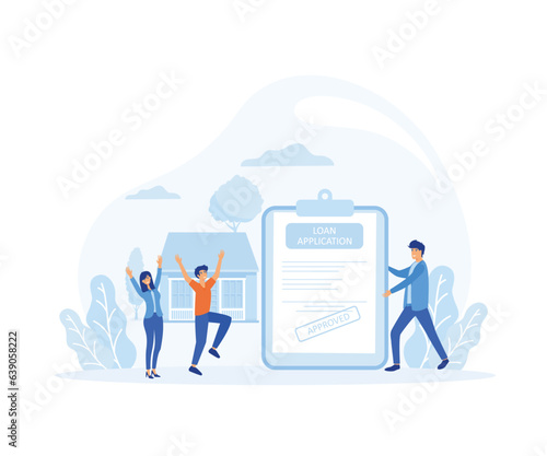 Credit agent holds loan approval application document with approved stamp. People borrow money from bank  to buy real estate, flat vector modern illustration 