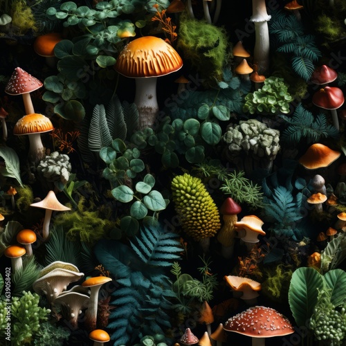 Seamless pattern made of mushrooms, moss and rocks. Made with Generative AI