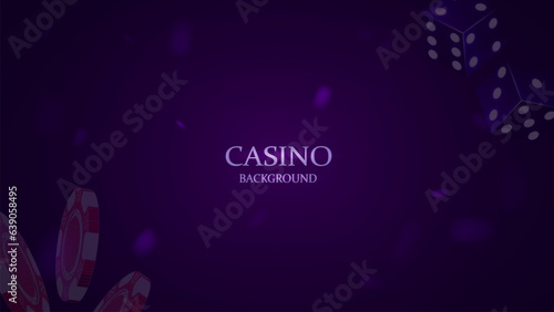 Casino background. Dice and poker chips in purple and pink.