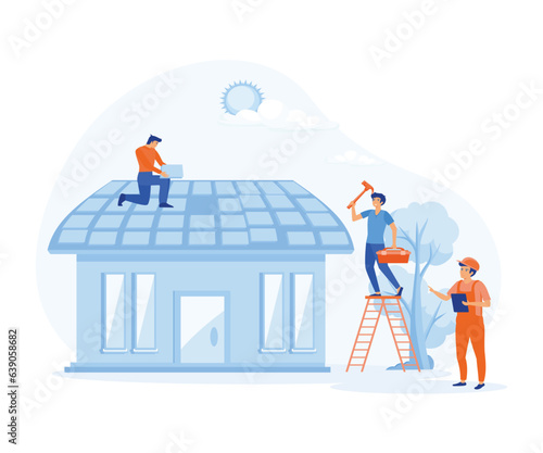 house improvement concept. Workers repairing roof. Constructor group, roofers, foreman, flat vector modern illustration