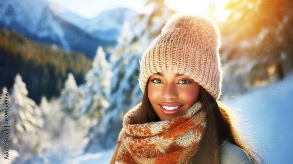 dark skinned tanned skin color, young adult woman 20s, winter hat and winter scarf, outdoors in mountains, snowy in winter, fictional place