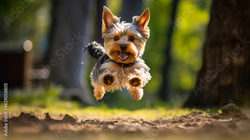 Photo of happy Yorkshire Terrier jdog umping in front of the camera. Digital illustration generative AI. © Tepsarit