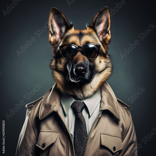 Cool looking German Shepherd as a detective wearing coat  sunglasses  shirt and tie isolated on background. Stylish animal posing as supermodel. Digital illustration generative AI.