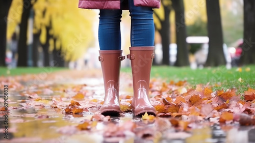 slender legs of a child toddler girl, wears rubber boots in rainy autumn weather with puddles in the meadow, in the city park or in nature, walk after the rain on a rainy day, fictional place