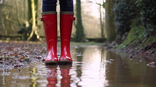 slender legs of a woman, wears rubber boots in rainy autumn weather with puddles in the meadow, in the city park or in nature, walk after the rain on a rainy day, fictional place
