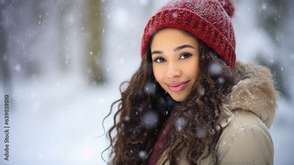 young adult woman, 20s, brunette curly hair, red winter hat, it's snowing, snowy, light beige winter jacket, outdoors in nature at edge of forest young adult woman, 20s, brunette curly hair, red winter hat, it's snowing, snowy, light beige winter jacket, outdoors in nature at edge of forest