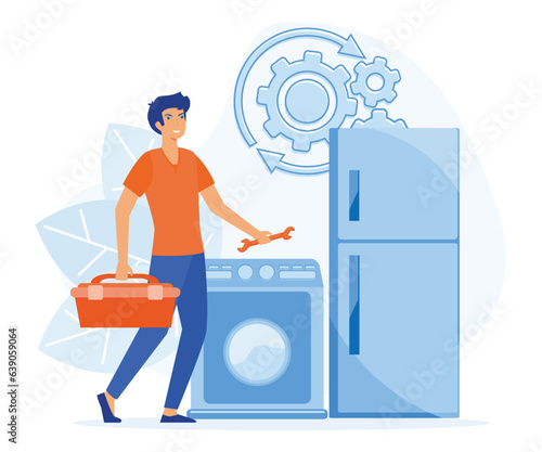 Repair and maintenance concept, Home appliance repair technician service.  flat vector modern illustration   