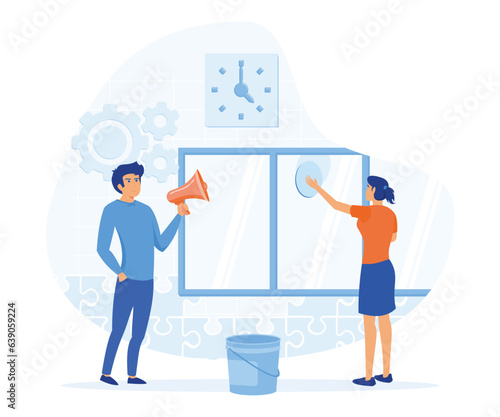 Hotel business concept, Experienced manager training staff, laundry service, maid ironing guests shirt, waiter serving at banquet. flat vector modern illustration