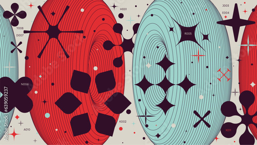 Abstract geometric background with 3d torus wireframes form graphic of geometrical shapes modern design, vector color Full HD futuristic composition in Y2k trendy style artwork