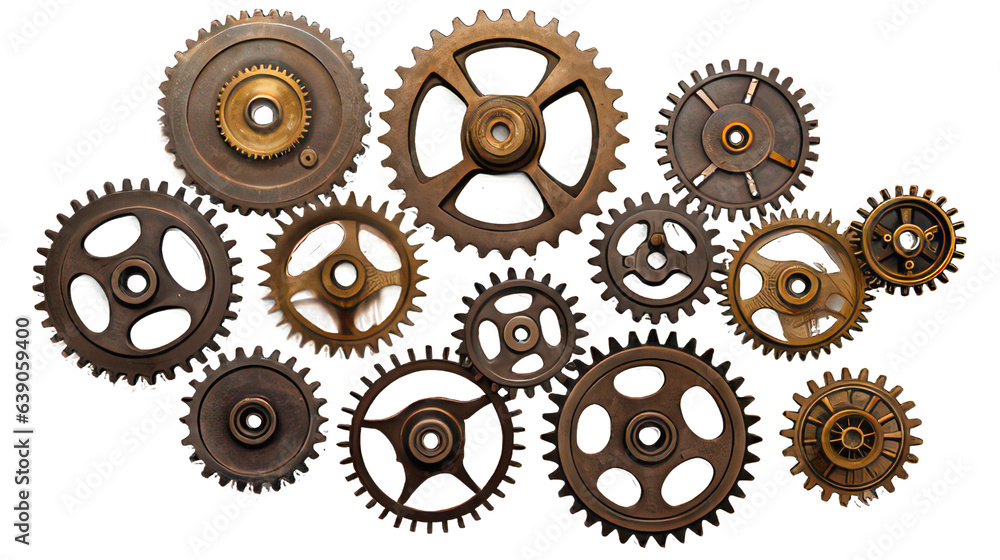 Several old industrial gears isolated on white created with Generative AI Several old industrial gears isolated on white created with Generative AI