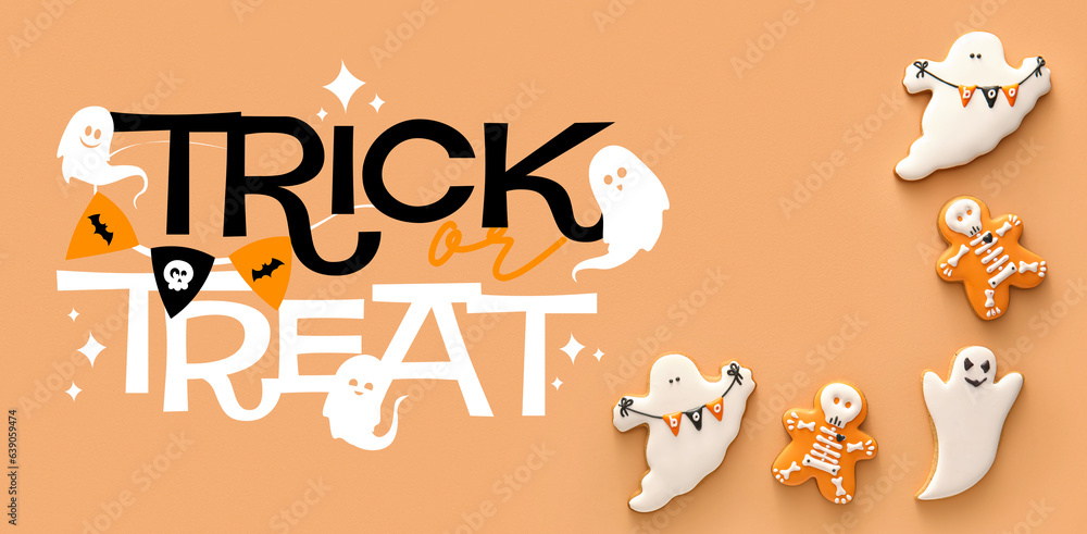 Halloween cookies and text TRICK OR TREAT on beige background