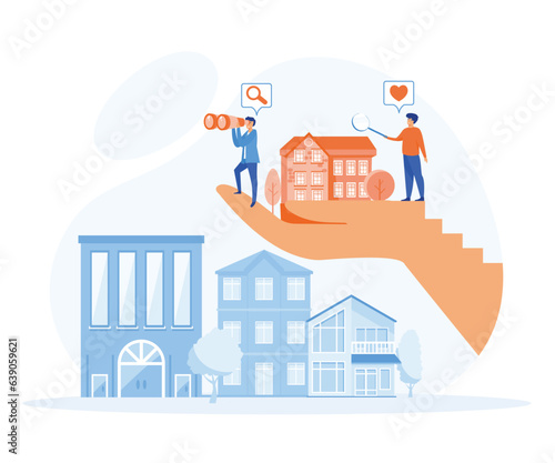 Buying property concept. Real estate search, people group looking home on market. Buy or rent house online.  flat vector modern illustration