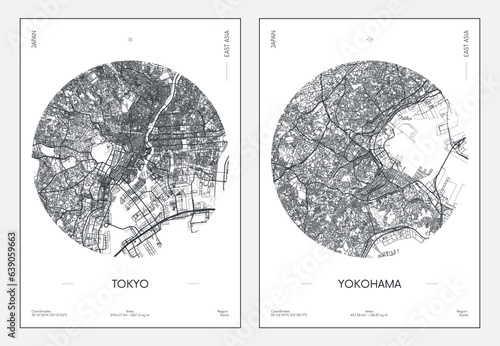 Travel poster, urban street plan city map Tokyo and Yokohama, vector illustration