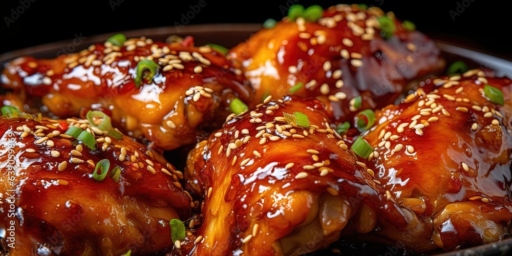Honey Glazed chicken in a close - up shot, macro shot Honey Glazed chicken in a close - up shot, macro shot