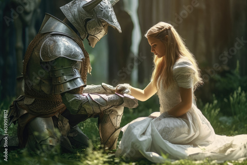 A kneeling knight and a girl in a white dress, as she extends her hand to the knight, creating a fairy-tale atmosphere. Generative Ai, Ai.
